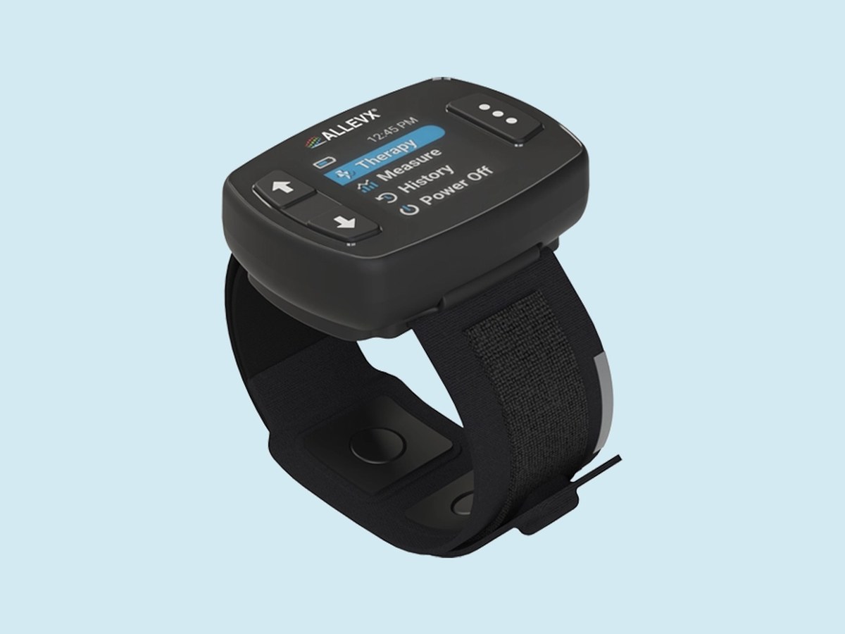 The Allevx wrist-worn neuromodulation device, capsule seated in its band